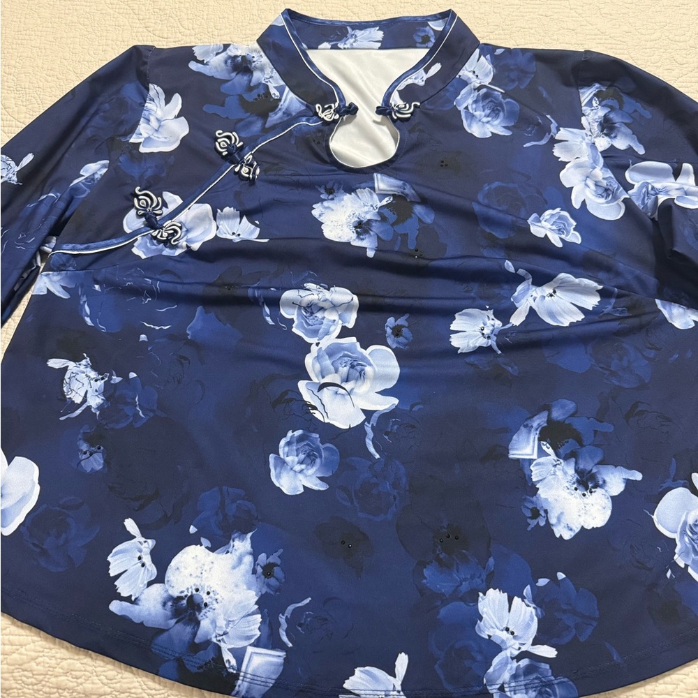 Chinese Traditional Floral Blue Women's Top